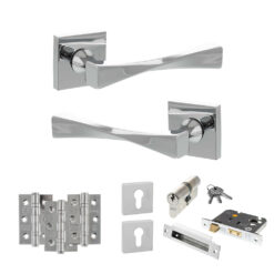 Senza Pari Guido Door Handle Pack (Euro Lock Set - 3" CE Sashlock, 3" Fire Rated Hinges x3) - Polished Chrome