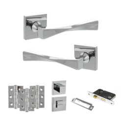 Senza Pari Guido Door Handle Pack (Bathroom Set - 3" CE Bathroom Lock, 3" Fire Rated Hinges x3) - Polished Chrome