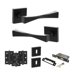 Senza Pari Guido Door Handle Pack (3 Lever Lock Set - 3" CE Sashlock, 3" Fire Rated Hinges x3) - Matt Black