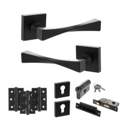 Senza Pari Guido Door Handle Pack (Euro Lock Set - 3" CE Sashlock, 3" Fire Rated Hinges x3) - Matt Black