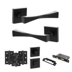 Senza Pari Guido Door Handle Pack (Bathroom Set - 3" CE Bathroom Lock, 3" Fire Rated Hinges x3) - Matt Black