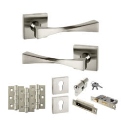 Senza Pari Guido Door Handle Pack (Euro Lock Set - 3" CE Sashlock, 3" Fire Rated Hinges x3) - Satin Nickel