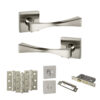 Senza Pari Guido Door Handle Pack (Bathroom Set - 3" CE Bathroom Lock, 3" Fire Rated Hinges x3) - Satin Nickel