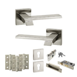 Senza Pari Giovanni Door Handle Pack (Euro Lock Set - 3" CE Sashlock, 3" Fire Rated Hinges x3) - Satin Nickel