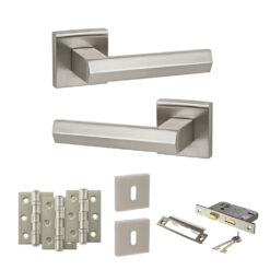Senza Pari Davoli Door Handle Pack (3 Lever Lock Set - 3" CE Sashlock, 3" Fire Rated Hinges x3) - Satin Nickel