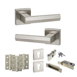 Senza Pari Davoli Door Handle Pack (Euro Lock Set - 3" CE Sashlock, 3" Fire Rated Hinges x3) - Satin Nickel