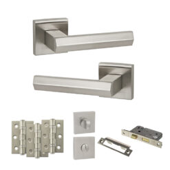 Senza Pari Davoli Door Handle Pack (Bathroom Set - 3" CE Bathroom Lock, 3" Fire Rated Hinges x3) - Satin Nickel