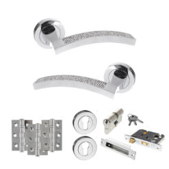 Senza Pari Crystal Door Handle Pack (Euro Lock Set - 3" CE Sashlock, 3" Fire Rated Hinges x3) - Polished Chrome
