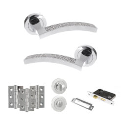 Senza Pari Crystal Door Handle Pack (Bathroom Set - 3" CE Bathroom Lock, 3" Fire Rated Hinges x3) - Polished Chrome