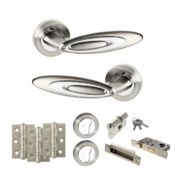 Senza Pari Elisse Door Handle Pack (Euro Lock Set - 3" CE Sashlock, 3" Fire Rated Hinges x3) - Satin Nickel/Chrome Plate