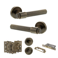 Senza Pari Fasana Door Handle Pack (Bathroom Set - 3" CE Bathroom Lock, 3" Fire Rated Hinges x3) - Antique Brass