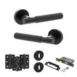 Senza Pari Rosarno Door Handle Pack (3 Lever Lock Set - 3" CE Sashlock, 3" Fire Rated Hinges x3) - Matt Black
