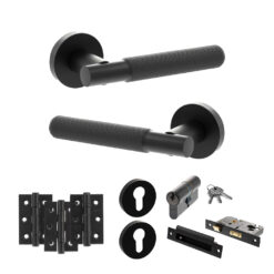 Senza Pari Rosarno Door Handle Pack (Euro Lock Set - 3" CE Sashlock, 3" Fire Rated Hinges x3) - Matt Black