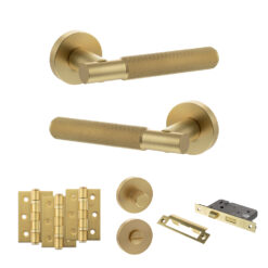 Senza Pari Rosarno Door Handle Pack (Bathroom Set - 3" CE Bathroom Lock, 3" Fire Rated Hinges x3) - Satin Brass