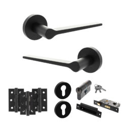 Senza Pari Laviano Door Handle Pack (Euro Lock Set - 3" CE Sashlock, 3" Fire Rated Hinges x3) - Matt Black
