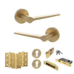 Senza Pari Laviano Door Handle Pack (Euro Lock Set - 3" CE Sashlock, 3" Fire Rated Hinges x3) - Satin Brass