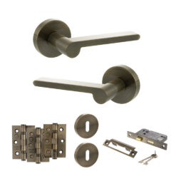 Senza Pari Darrio Door Handle Pack (3 Lever Lock Set - 3" CE Sashlock, 3" Fire Rated Hinges x3) - Antique Brass