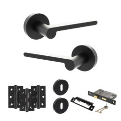 Senza Pari Darrio Door Handle Pack (3 Lever Lock Set - 3" CE Sashlock, 3" Fire Rated Hinges x3) - Matt Black