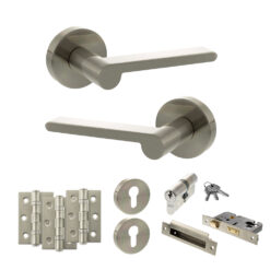 Senza Pari Darrio Door Handle Pack (Euro Lock Set - 3" CE Sashlock, 3" Fire Rated Hinges x3) - Satin Nickel
