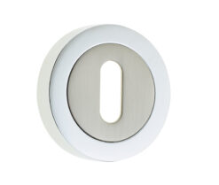 Jedo Dual Standard Keyway Escutcheons on 50mm Round Rose Polished Chrome / Satin Nickel